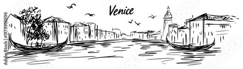 Venice cityscape with gondolas on the canal in Italy. Hand drawn vector sketch of famous European landmark.