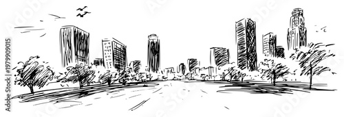 Los Angeles cityscape view from a park sketch. Hand drawn vector illustration of downtown skyscrapers