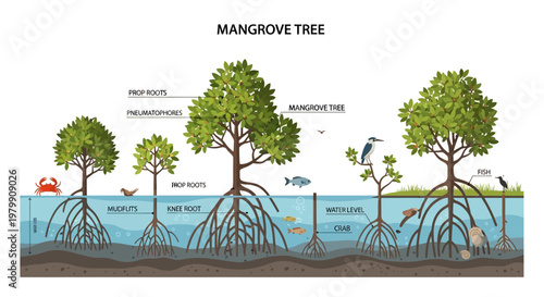 Illustration of Mangrove Tree Ecosystem with Wildlife and Root Structure