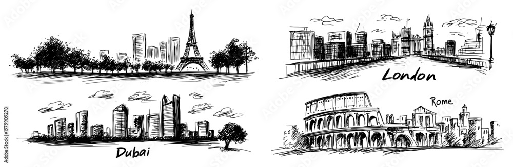 Obraz premium World travel landmarks sketch set. Hand drawn vector collection of Paris London Rome and Dubai cityscapes
