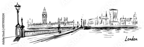 London England cityscape sketch. Hand drawn vector illustration of Westminster Bridge and Big Ben
