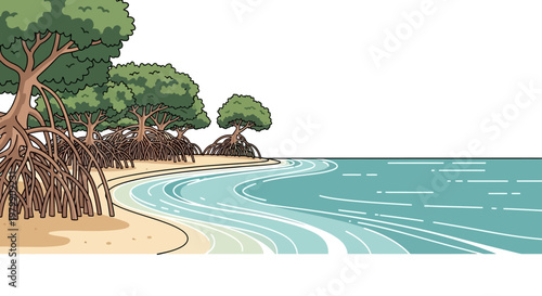 Tropical beach with mangrove trees and clear ocean waves