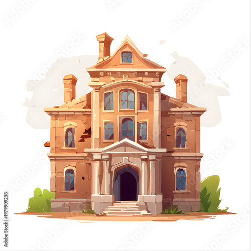 Stylized illustration of a vintage brick mansion on a white background. The artwork features warm earthy tones, classic architecture, and a clean, modern aesthetic for creative design projects.