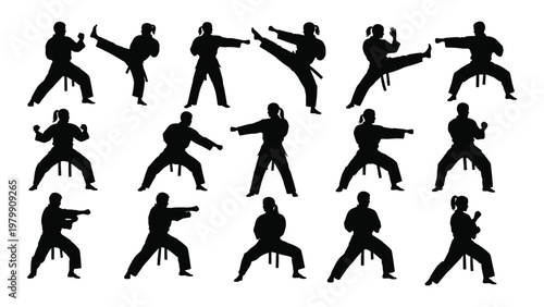 A collection of silhouetted figures demonstrates various martial arts stances and kicking techniques against a white backdrop high quality professional detailed