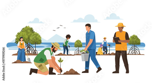 Volunteers planting trees in a coastal conservation effort