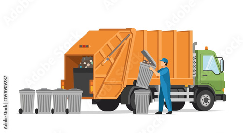 Garbage truck with worker collecting trash bins on street