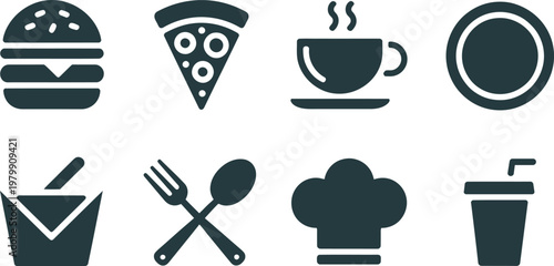 Collection of restaurant and food service icons featuring meals drinks and professional culinary chef equipment