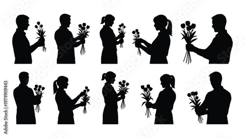A collection of silhouetted figures primarily couples each holding a bouquet of flowers suggesting gift giving or celebration high quality professional