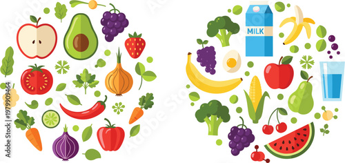 Healthy Food and Fresh Fruits and Vegetables Collection Vector Illustration with Organic Ingredients, Dairy Products, and Balanced Diet Nutrition Concept