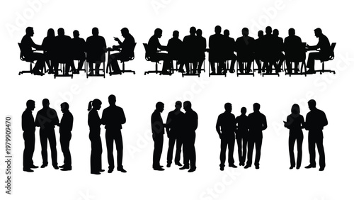 A collection of black silhouettes depicts a business meeting with people seated around tables and conversing in groups high quality professional
