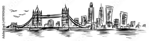 London England skyline with Tower Bridge sketch. Hand drawn vector illustration of the cityscape over River Thames