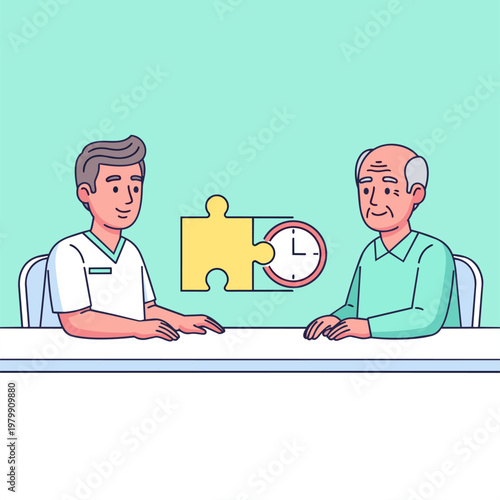 Vector illustration of a therapist and an elderly man sitting at a table with a large puzzle piece and a clock icon between them. Represents memory and cognitive exercise. 