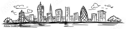London England city skyline doodle. Hand drawn vector sketch with Tower Bridge and modern landmarks