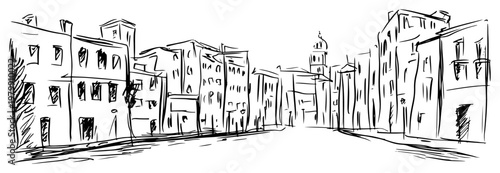 Old European town street sketch. Hand drawn vector illustration of a historic city alleyway
