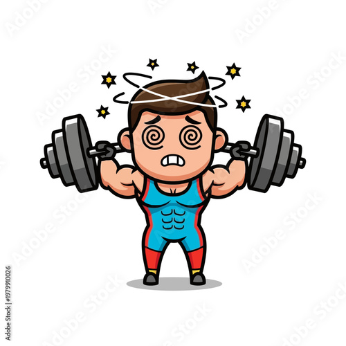 Cartoon Athlete Dizzy From Lifting Heavy Dumbbell Weights