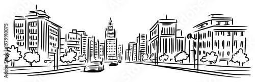 Modern city street with skyscrapers and traffic. Hand drawn urban cityscape vector sketch