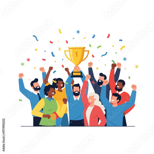 Diverse team celebrating victory with trophy and confetti, achieving success together