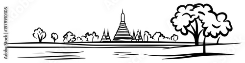 Asian landscape with buddhist stupa sketch. Hand drawn vector illustration of a traditional chedi temple