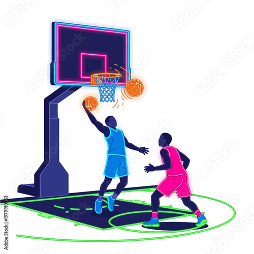 Dynamic Neon Basketball Game: Players Compete Under Glowing Hoop