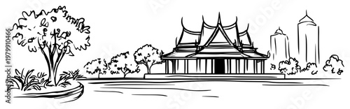 Bangkok Thailand travel sketch. Hand drawn vector illustration of a traditional Thai pavilion in a city park