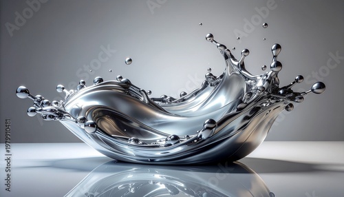 Dynamic chrome liquid splash with highly reflective metallic texture