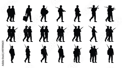 A collection of black silhouette figures depicting people walking and standing some carrying bags or weapons high quality professional detailed modern