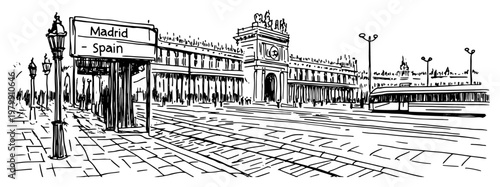Madrid Spain city landmark sketch. Hand drawn vector illustration of a historic square with a metro station entrance