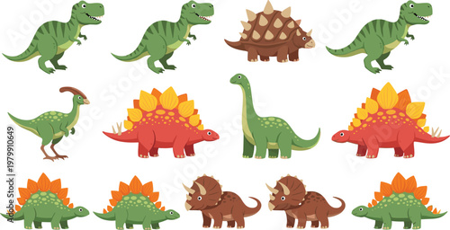 Cute Cartoon Dinosaur Characters Vector Illustration Set with T Rex, Triceratops, Stegosaurus, and Brachiosaurus, Colorful Prehistoric Animal Collection for Kids