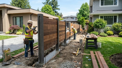 A construction worker is installing a wooden fence along a property line. Two other workers are assisting with the project.