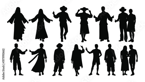 A collection of black silhouettes depicts diverse figures with outstretched arms suggesting welcome praise or communal celebration high quality professional detailed