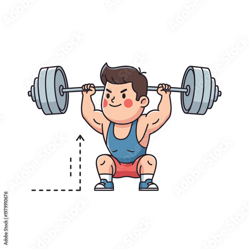 Cartoon Man Lifting Heavy Barbell in Squat Position, Fitness and Strength Training