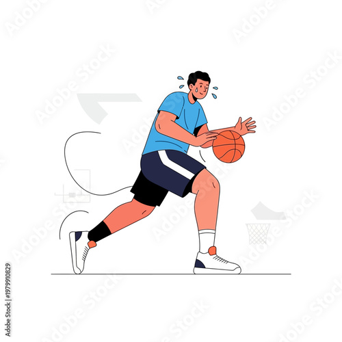 Man playing basketball, dribbling ball in motion, active lifestyle, sports illustration