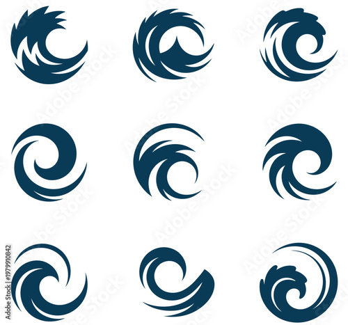 Ocean Wave Icons Water Symbol Sea Motion Fluid Dynamics Blue Marine Design Vector Illustration Set Isolated Background