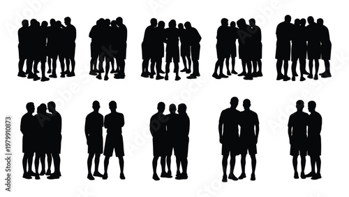 A collection of black silhouettes depicting groups of men in casual attire varying in size from pairs to larger assemblies