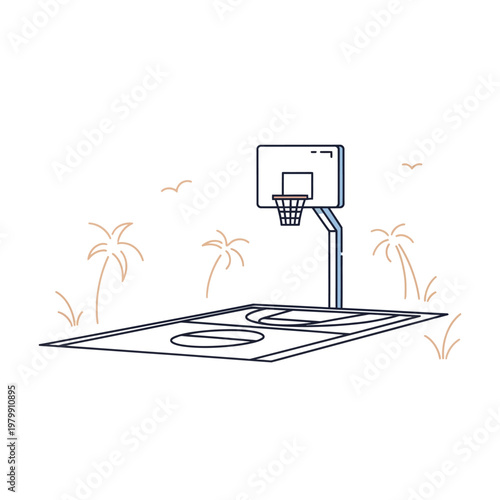 Outdoor basketball court with palm trees and ocean view, summer sport and leisure