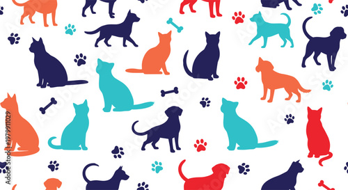Seamless pattern with colorful cat and dog silhouettes, paws and bones, repeating animal background for textile wallpaper and pet shop branding.