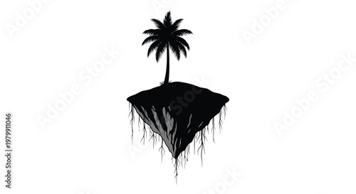 Minimalist Floating Island Silhouette with Lone Palm Tree Vector Illustration for Surreal Tropical Graphic Design