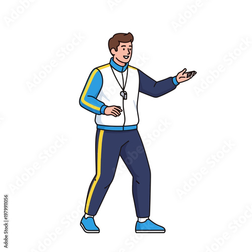 Sports coach gesturing with a whistle, illustration of a man in athletic wear.
