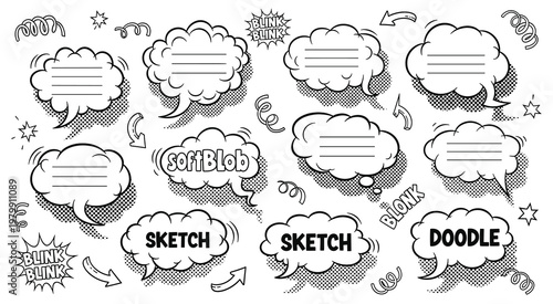 Retro hand drawn empty comic speech bubble, cloud text message box or sticker set with black halftone shadow in pop art cartoon style. Business communication symbol. Chat box, idea or quote balloon.