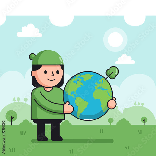 A cartoon character holding the Earth with a tree, symbolizing environmental care and sustainability.