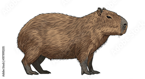 Large brown capybara standing profile view illustration with detailed fur texture isolated on plain white background.