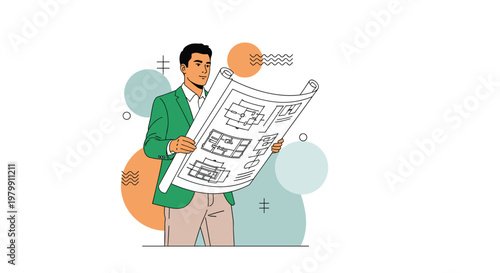 Male architect or engineer wearing a green jacket while carefully examining a large technical blueprint document with geometric background elements.
