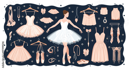 Professional ballerina standing in a white tutu surrounded by various pink dance costumes, shoes, and accessories on a dark background.
