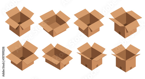 Set of eight open empty brown cardboard boxes shown from various isometric perspectives and angles for storage or shipping.