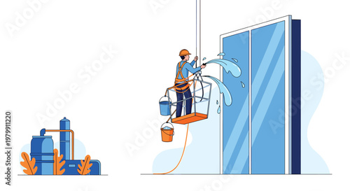 Professional window cleaner in a safety harness washing a tall glass building using a hose from a suspended platform cradle.