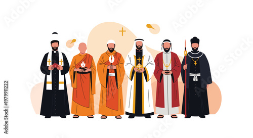 Group of diverse religious leaders from different faiths standing together in traditional clothing representing unity and interfaith harmony.