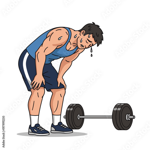 Exhausted man in gym, sweating after intense weightlifting workout, feeling tired.