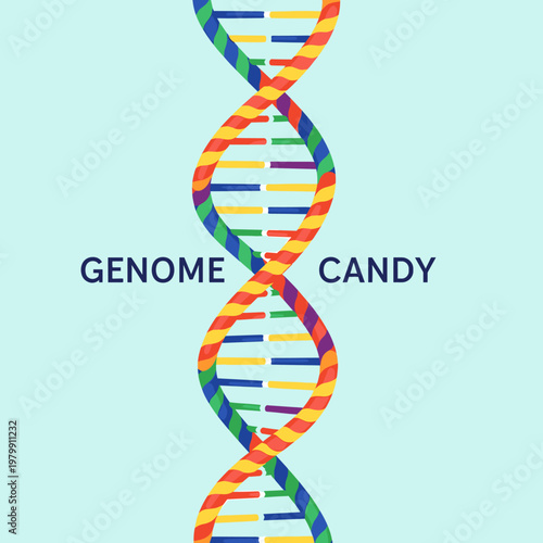 A colorful, stylized representation of a DNA double helix with the words "GENOME CANDY" on a light blue background.