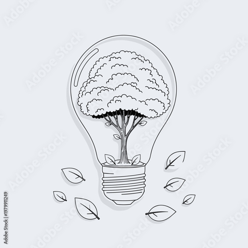 A detailed line drawing of a tree growing inside a light bulb, surrounded by falling leaves, symbolizing eco-friendly energy and sustainable ideas.