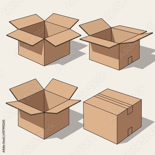 Four brown cardboard boxes, three open and one closed, for packaging or moving.